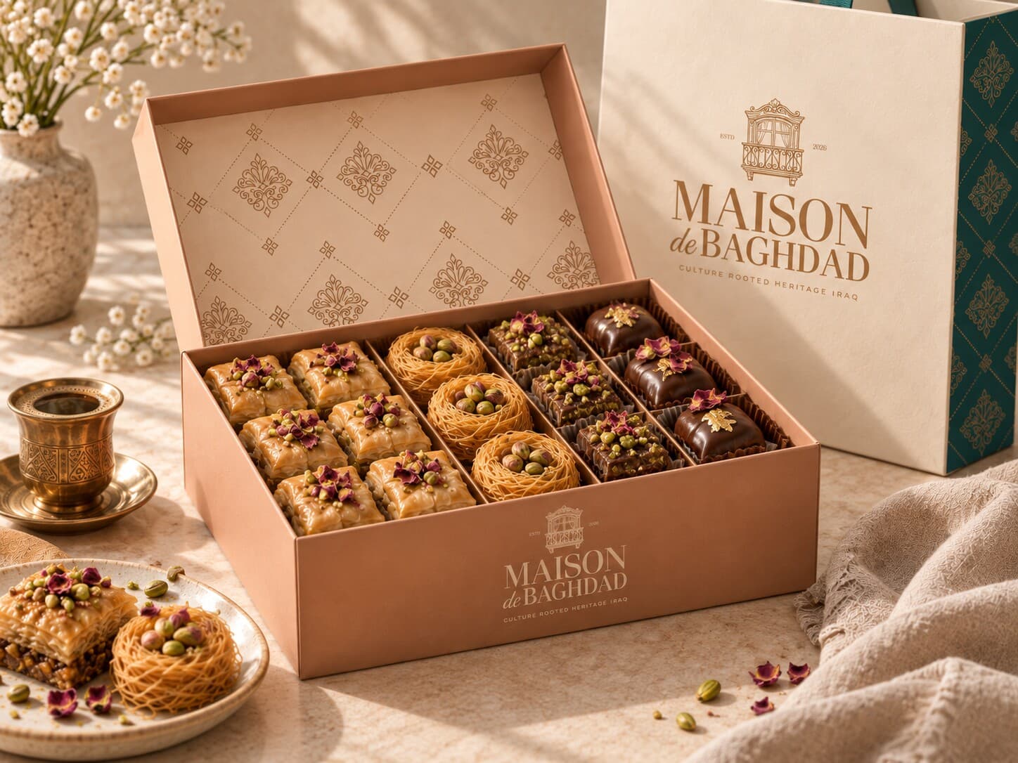 An open box of baklava and kunafa nests beside a small glass of tea