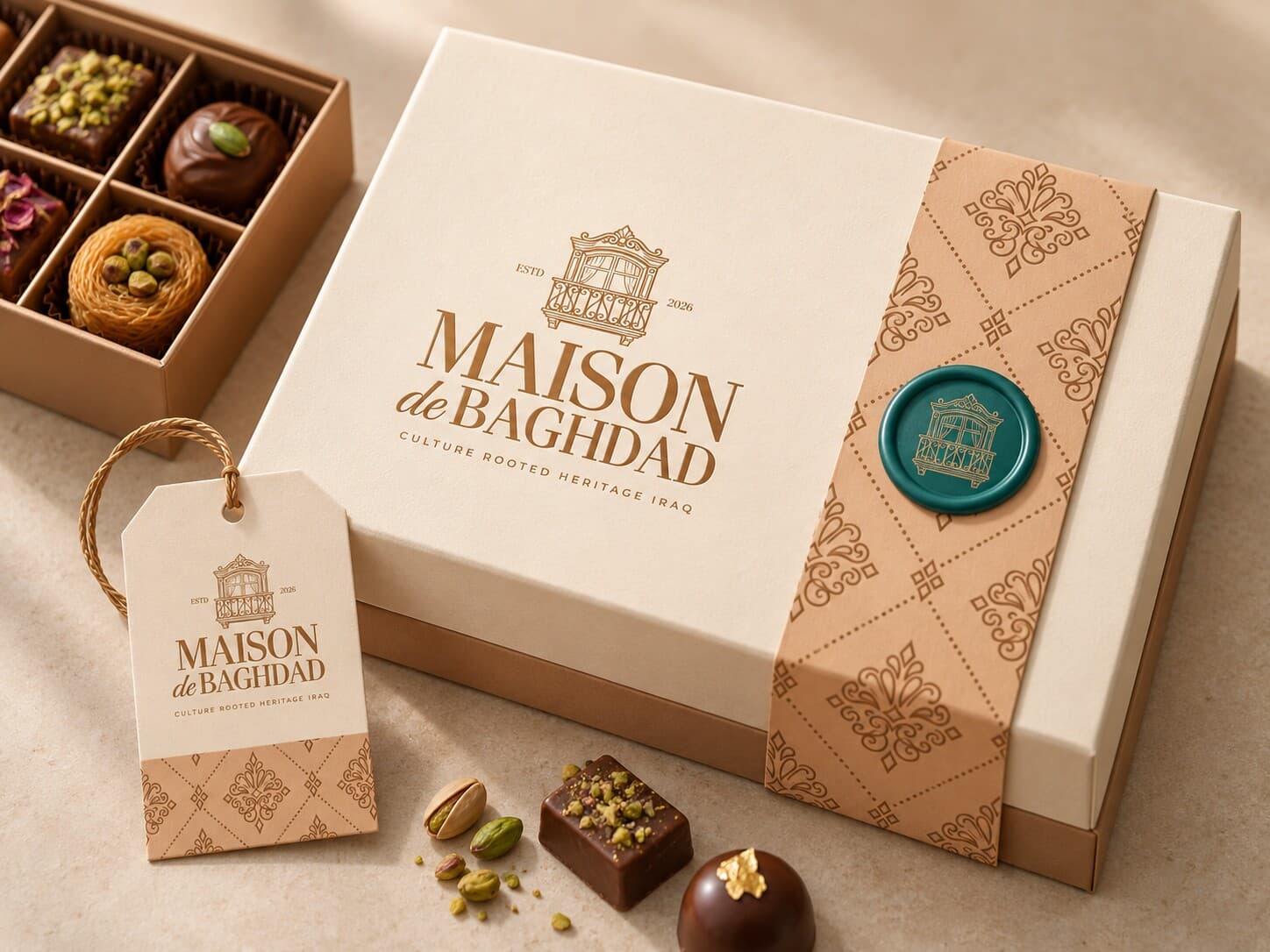 An ivory Maison de Baghdad gift box with a caramel band and teal wax seal